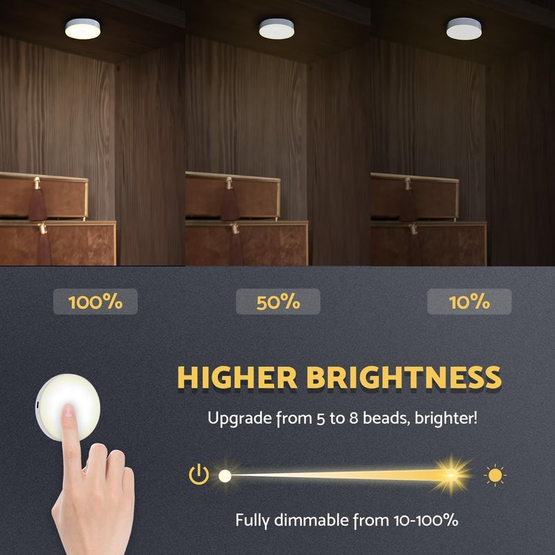 DAZZY DOT Rechargeable Puck Lights 2 Pack, Magnetic Tap Light 1000mAh Battery Powered, Warm Yellow, Dimmable Touch Light Stick on for Closet, Locker, Cabinet, Bedside, Kitchen - Image 3